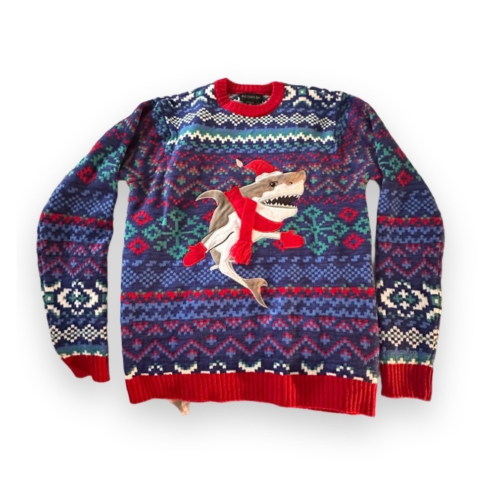 Blizzard Bay Mens Ugly Christmas Sweater Shark Santa Hat Fair Isle Blue Red M